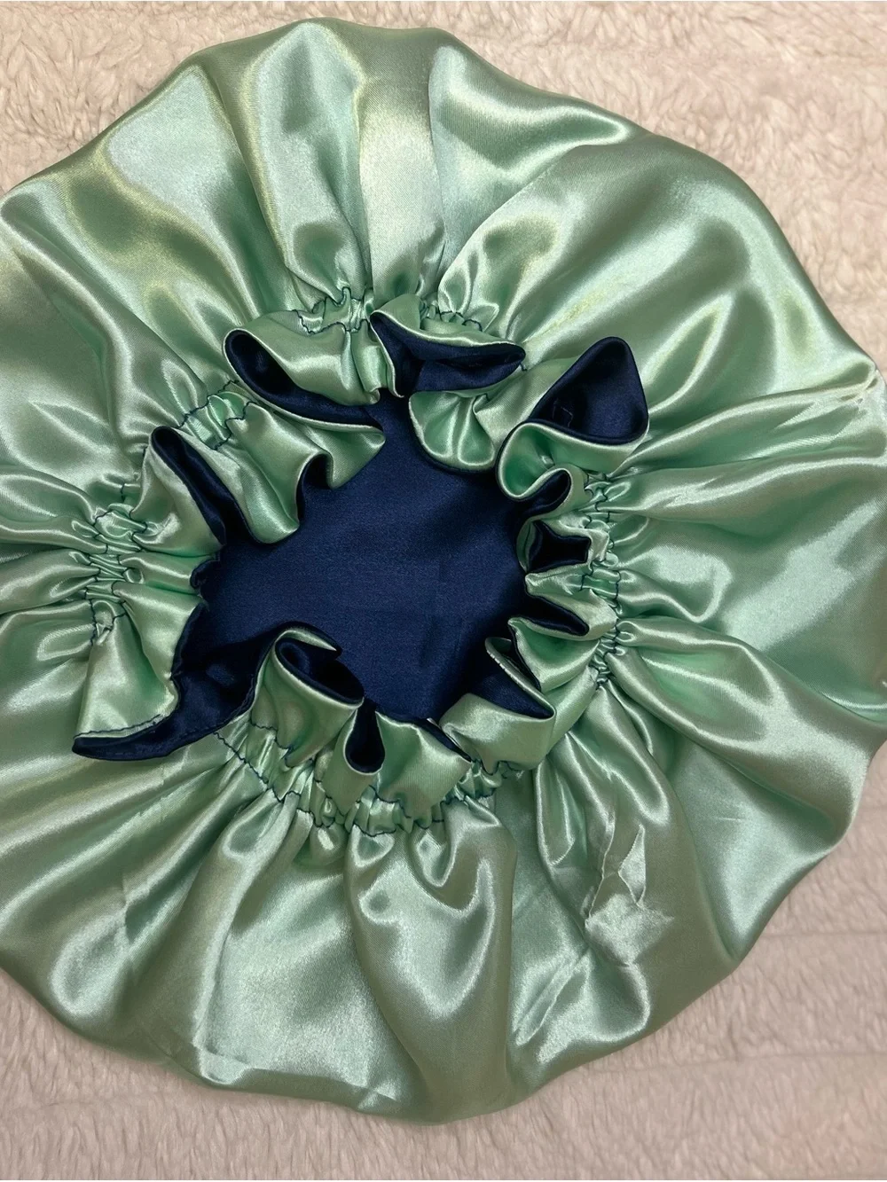 Satin Double-Ruffle Bonnet - Navy and Mint